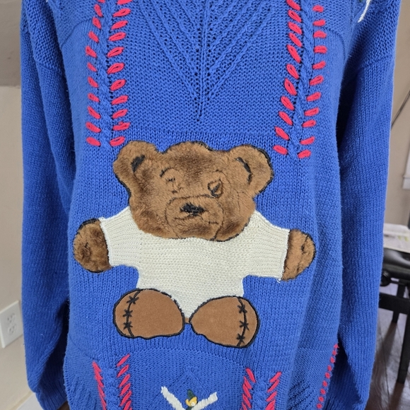 VTG Max and Diane Teddy Bear Sweater Blue Knit Pullover 80s 90s Style M - Picture 2 of 11